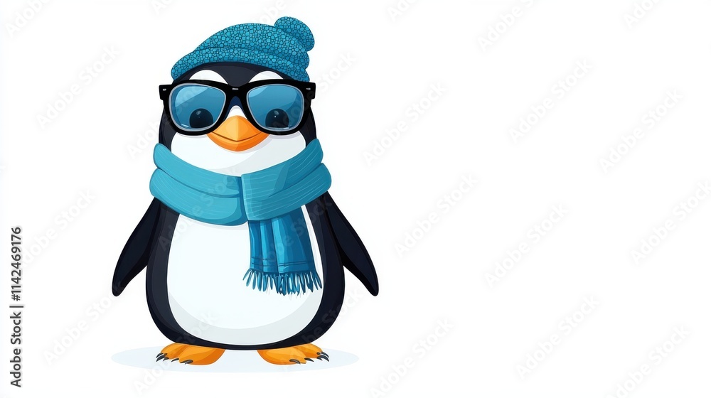 Obraz premium Cute Penguin Wearing Winter Scarf and Hat with Glasses in Snow