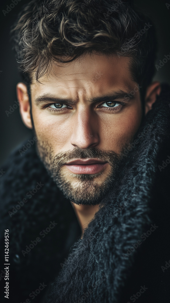 serious frowning man bear wearing fur coat looking at camera blue gray eyes black background mobile social marketing serious frowning man bear wearing fur coat looking at camera blue gray eyes black background mobile social marketing