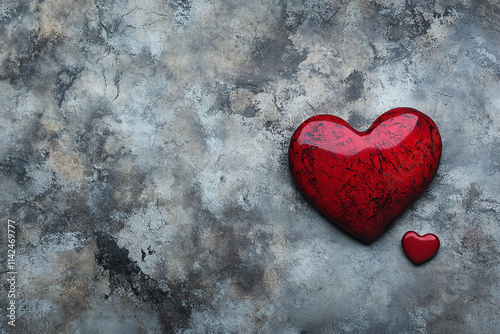 Heart-shaped decorations set against a textured gray background for Valentine's Day celebration