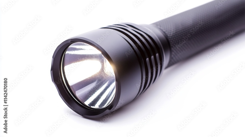 Close-up of a Rugged Tactical Flashlight with Visible Surface Scratches on a Plain White Background Close-up of a Rugged Tactical Flashlight with Visible Surface Scratches on a Plain White Background