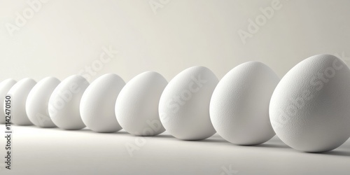 A horizontal egg display concept in 3D with minimal detailing, arranged linearly in a crisp, white setting photo