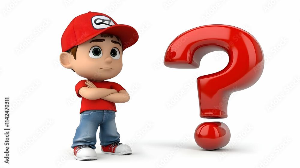 3D Cartoon Boy Pondering a Red Question Mark Illustration
