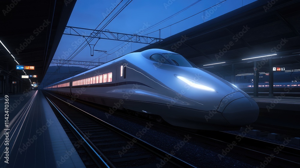 Naklejka premium A bullet train captured at night, illuminated by station lights as it departs a glowing, high-tech terminal