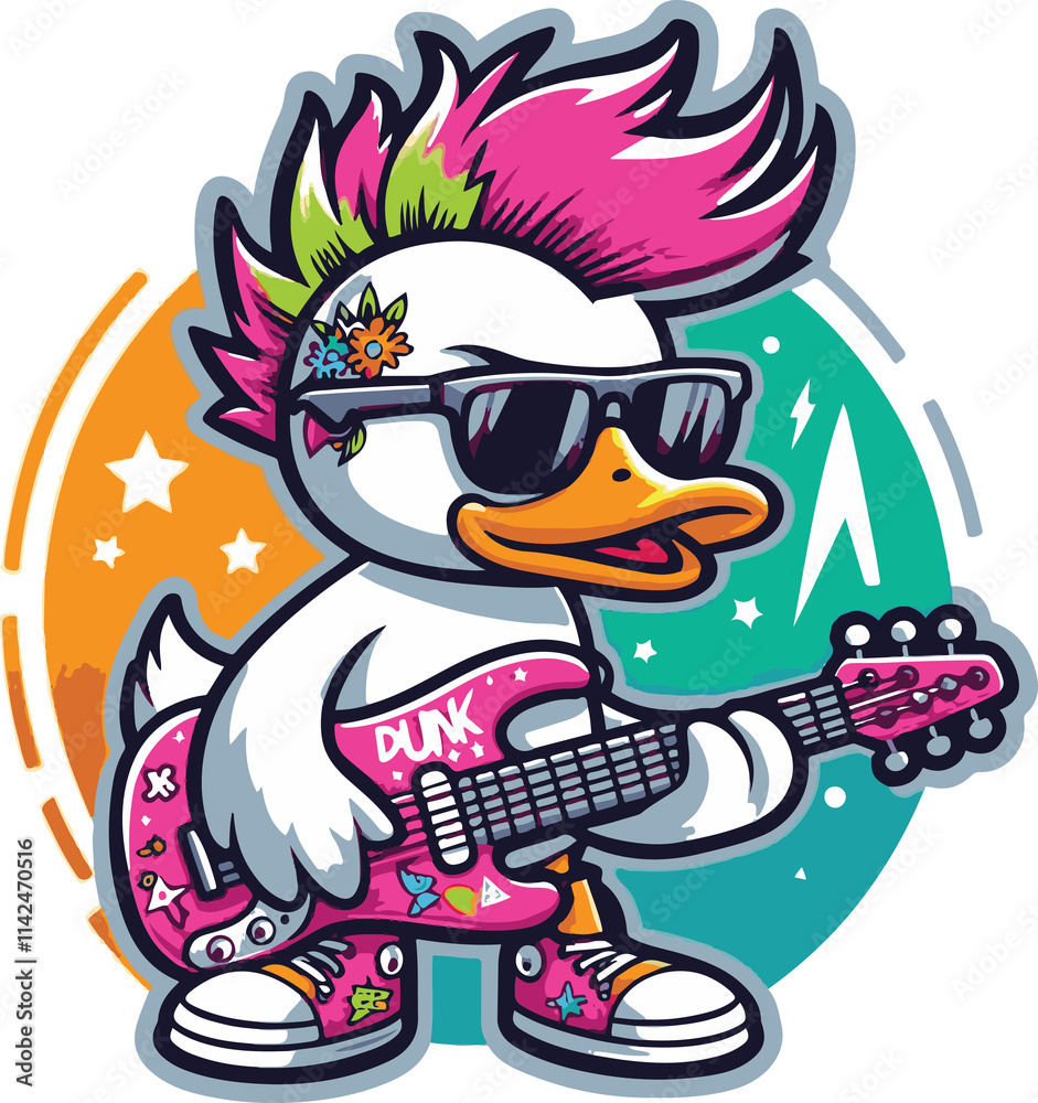 Punk Rock Duck: A rebellious duck with a mohawk, sunglasses, and a guitar, ready to rock the stage. Punk Rock Duck: A rebellious duck with a mohawk, sunglasses, and a guitar, ready to rock the stage.