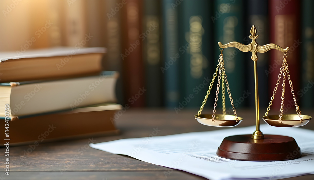 Golden scales of justice rest on legal documents, symbolizing fairness, law, and the pursuit of equity. Books blur in the background, representing legal knowledge and wisdom. Golden scales of justice rest on legal documents, symbolizing fairness, law, and the pursuit of equity. Books blur in the background, representing legal knowledge and wisdom.