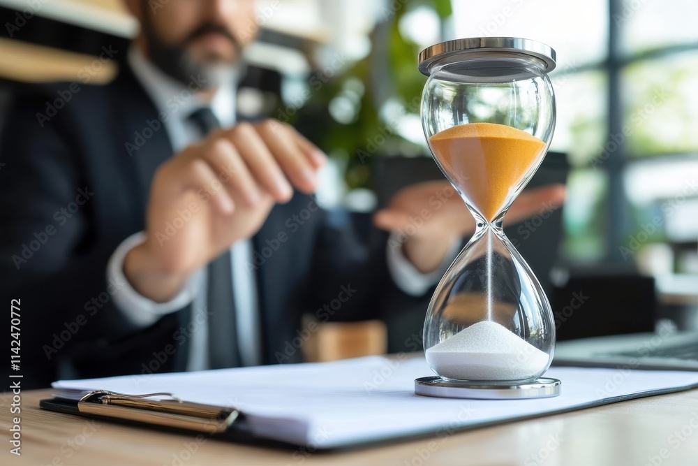 A suited man closely observes an hourglass on a desk, symbolizing effective time management and the importance of balancing work and productivity in business settings. A suited man closely observes an hourglass on a desk, symbolizing effective time management and the importance of balancing work and productivity in business settings.