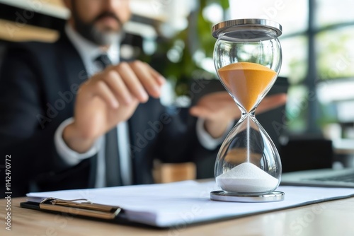 A suited man closely observes an hourglass on a desk, symbolizing effective time management and the importance of balancing work and productivity in business settings.