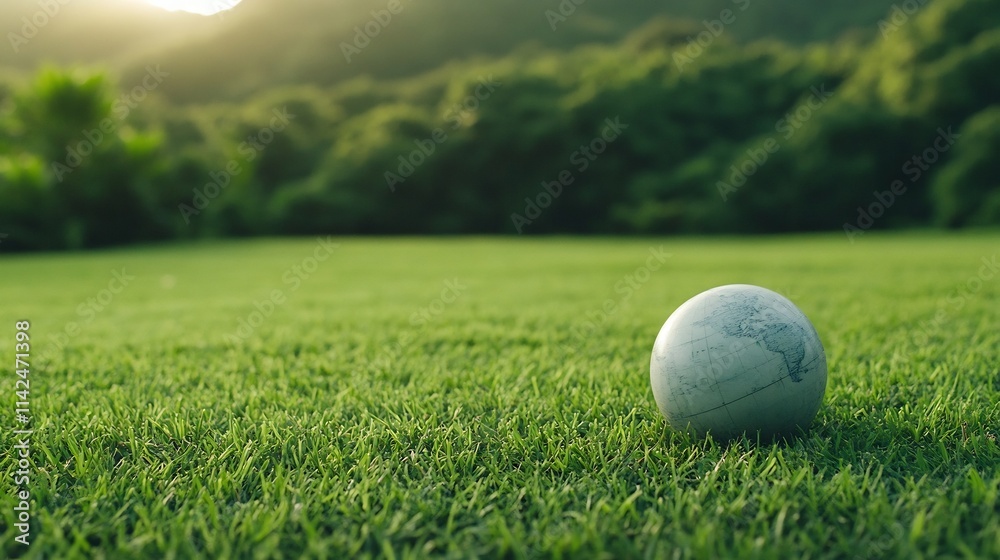 Golf Ball Resting in Lush Green Grass with Sunlit Forest Backdrop Golf Ball Resting in Lush Green Grass with Sunlit Forest Backdrop