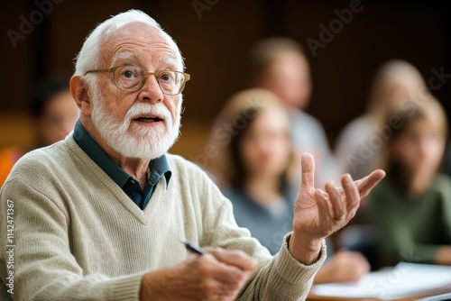 The elderly gentleman, with a white beard and sweater, addresses a group, highlighting his wisdom and experience in a scholastic environment rich with engagement. photo