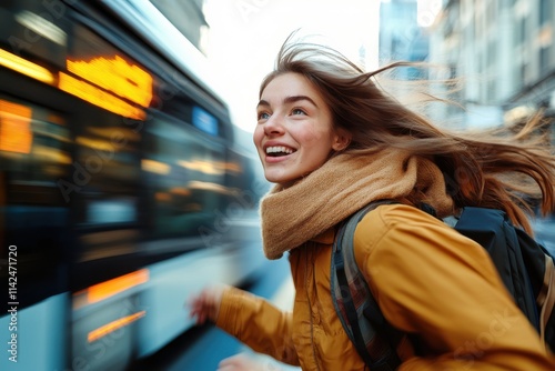 A joyful woman with a scarf and backpack hurries past a city bus in a bustling urban scene, embodying excitement and adventure in an everyday setting.