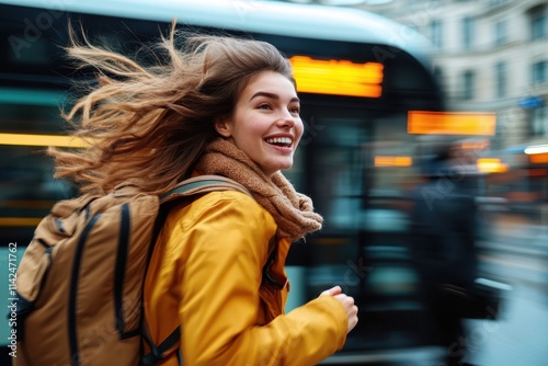 A happy woman with flowing hair and a large backpack appears in motion, briskly making her way down a busy city street beside a moving bus, exuding vitality. photo