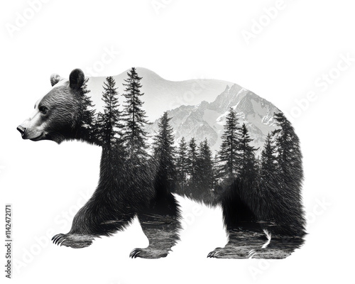 Bear silhouette with forest and mountain landscape inside, white isolated background.
