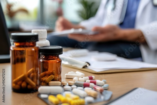 A collection of mixed medications and pill bottles is seen on a table with a healthcare provider in the background, engaged in reviewing medical documents. photo