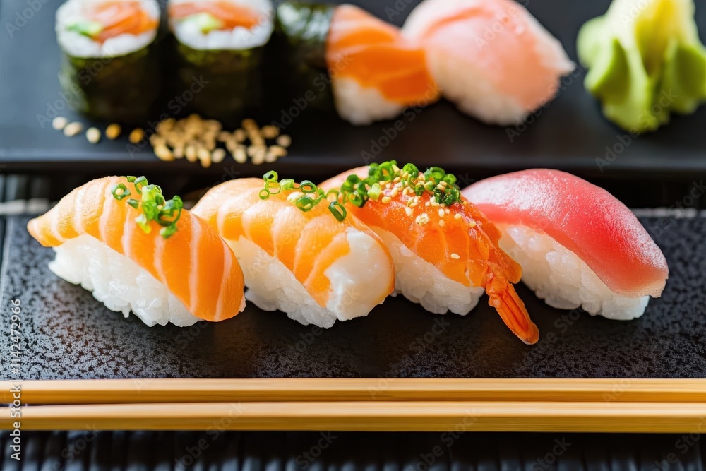 An elegant display of diverse sushi pieces featuring various fish and toppings arranged on a plate, offering a delightful range of textures and flavors to entice diners. An elegant display of diverse sushi pieces featuring various fish and toppings arranged on a plate, offering a delightful range of textures and flavors to entice diners.