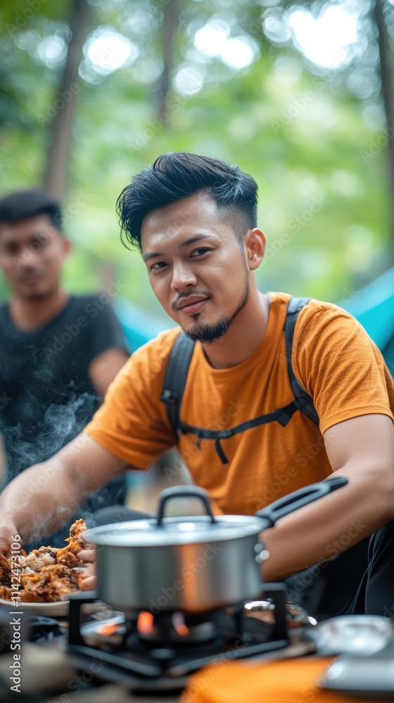 A man with a smile on his face preparing food over a campfire, surrounded by tents and trees, highlighting the joy and simplicity of outdoor living. A man with a smile on his face preparing food over a campfire, surrounded by tents and trees, highlighting the joy and simplicity of outdoor living.