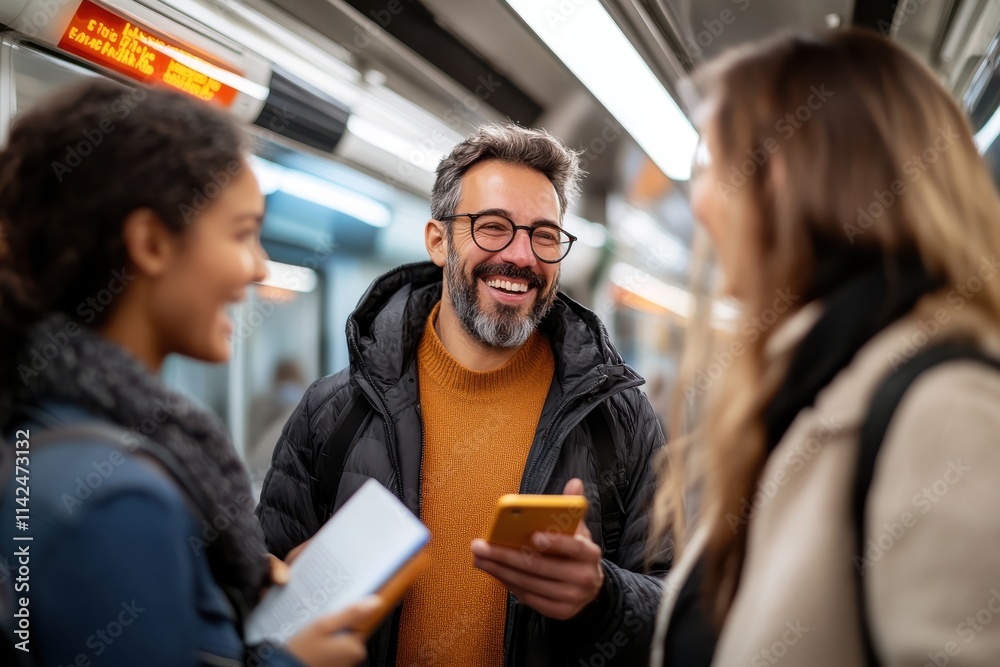 Three individuals are engaged in a lively discussion aboard a modern subway train, exuding a sense of community, joy, and casual urban life in a bustling city environment. Three individuals are engaged in a lively discussion aboard a modern subway train, exuding a sense of community, joy, and casual urban life in a bustling city environment.
