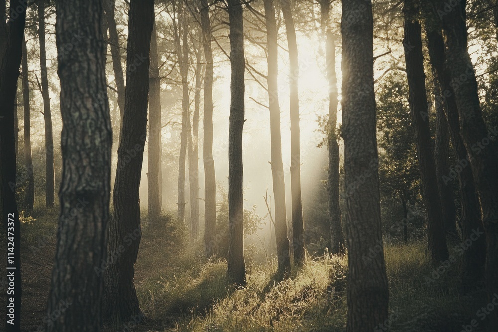 Obraz premium Serene Forest Scene with Sunlight Filtering Through Trees