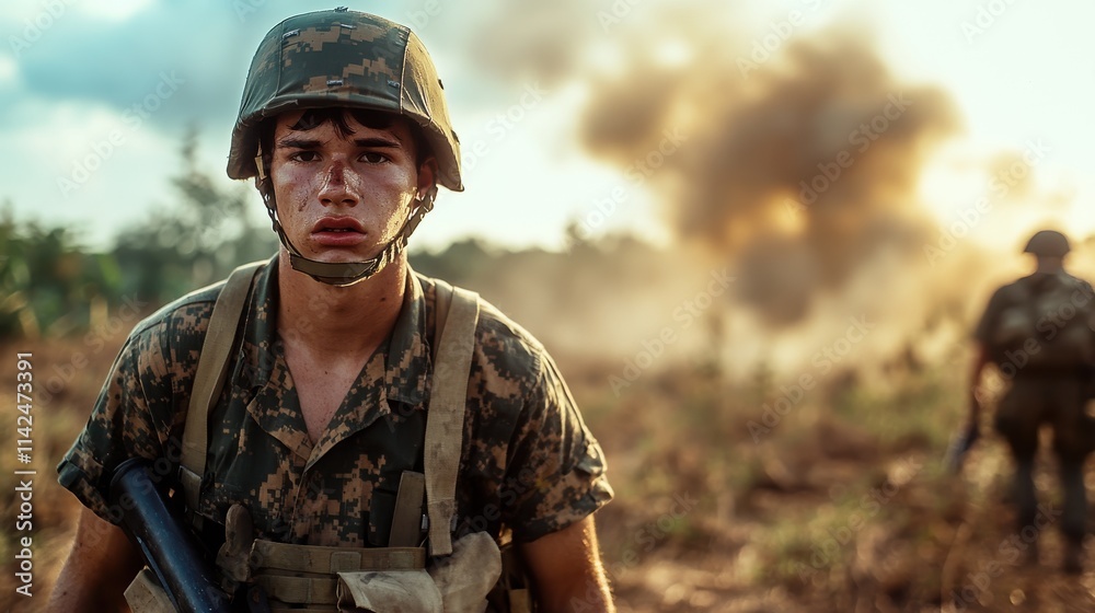 Standing amidst a smoky battlefield, a young soldier shows determination and resilience, representing courage and honor in the military, with historical echoes of bravery. Standing amidst a smoky battlefield, a young soldier shows determination and resilience, representing courage and honor in the military, with historical echoes of bravery.