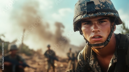 A soldier, intensely focused, surveys a smoky battlefield, embodying resolve and honor, capturing the essence of military duty and historical significance of valor.