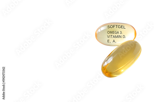 Softgel Capsules with Omega-3, Vitamin D, E, and A Positioned Right Side on White Background with Copy Space photo