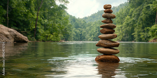 A tranquil scene featuring a stack of stones balanced on a serene river, surrounded by lush greenery and mountains, evoking peace and harmony. photo