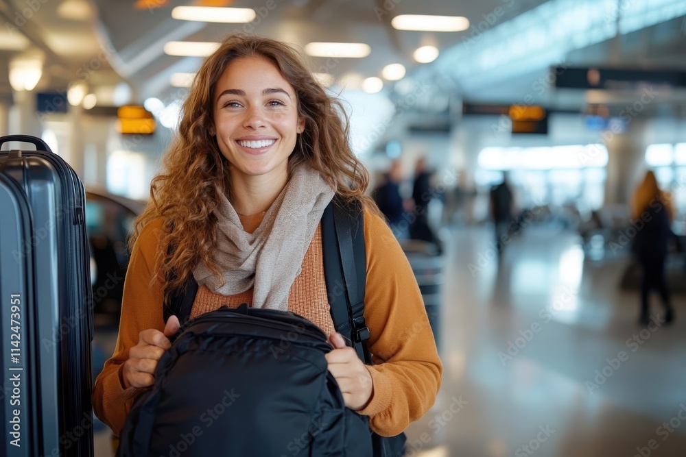 A cheerful woman with flowing hair, dressed warmly, standing confidently with a backpack in the bright terminal, ready for her travel adventure. A cheerful woman with flowing hair, dressed warmly, standing confidently with a backpack in the bright terminal, ready for her travel adventure.