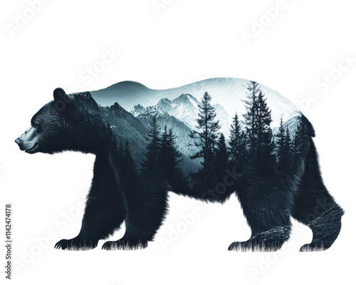 Bear silhouette with a scenic mountain landscape inside, isolated on white background.