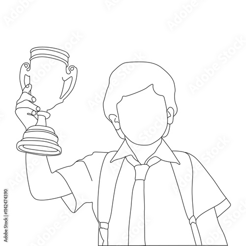 School Boy holding a trophy Line Art vector design. School Boy holding a trophy outline illustration design.