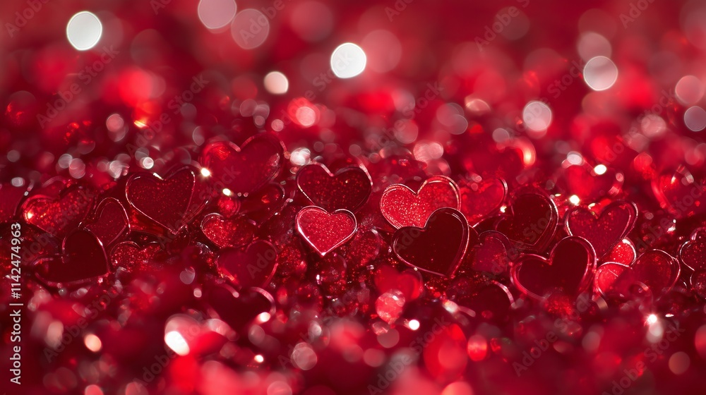 Red heart bokeh background for Valentine's Day celebration on a red background.