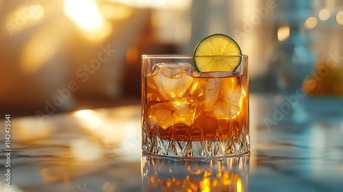 Golden Hour Whiskey Drink Ice Lime Garnish photo