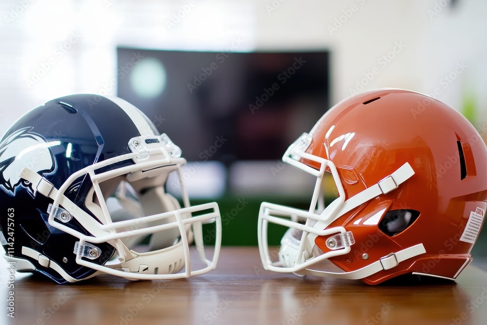Fototapeta premium This image features dark and light football helmets placed on a wooden table, symbolizing opposition and unity in sports through contrasting visual elements.
