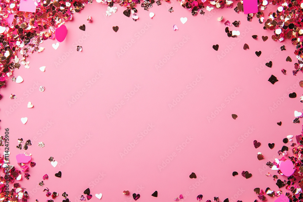 Colorful heart confetti arranged on a pink background for Valentine's Day celebration Colorful heart confetti arranged on a pink background for Valentine's Day celebration