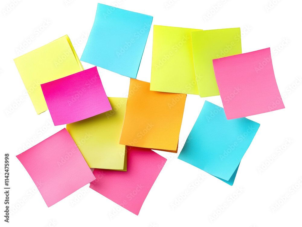 A vibrant collection of colorful sticky notes in various shades, showcasing a playful arrangement on white background , cut out. A vibrant collection of colorful sticky notes in various shades, showcasing a playful arrangement on white background , cut out.