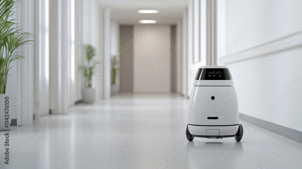 A modern, autonomous robot navigates a bright, minimalistic hallway, showcasing advanced technology in a clean environment. A modern, autonomous robot navigates a bright, minimalistic hallway, showcasing advanced technology in a clean environment.