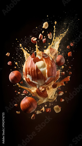 Explosive food action nuts and caramel splatter dark background high-quality photography creative concept