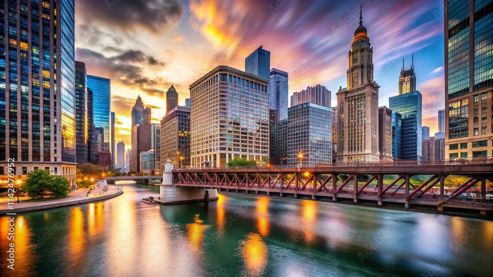 Obraz premium Chicago Downtown Rush Hour Bridge River Cityscape Photography