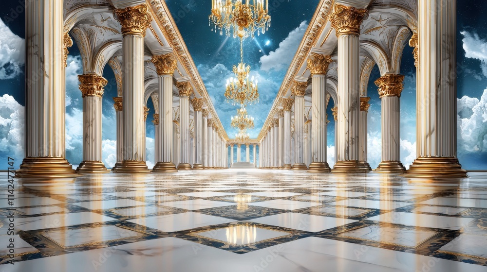 Obraz premium Majestic Palace Corridor with Ornate Columns and Chandelier Reflecting on Marble Floor