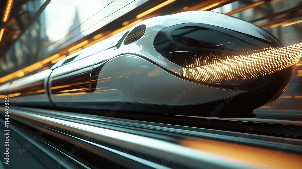 Fototapeta premium A close-up of a high-speed train passing by, with the intricate details of the train design blending with the blur of movement