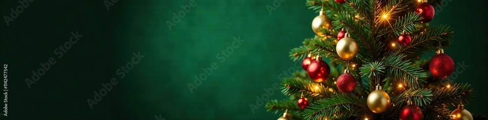 A beautiful Christmas tree decorated with ornaments and lights in front of a dark green backdrop, shining garlands, illuminated tree, festive foliage A beautiful Christmas tree decorated with ornaments and lights in front of a dark green backdrop, shining garlands, illuminated tree, festive foliage