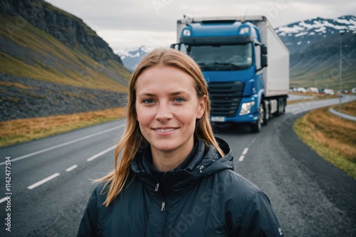Close portrait of a smiling young Icelander female truckdriver looking at the camera, against Icelander blurred background.