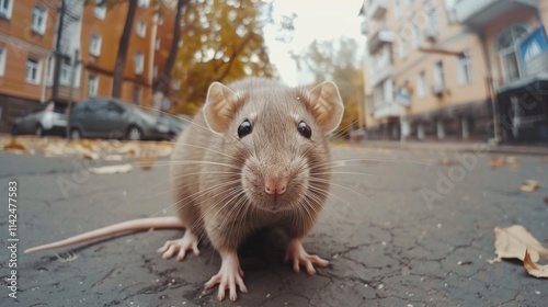 Large rat with detailedrealistic texture standing oncity street, looking directly atcamera.urban environment presence emphasized. photo