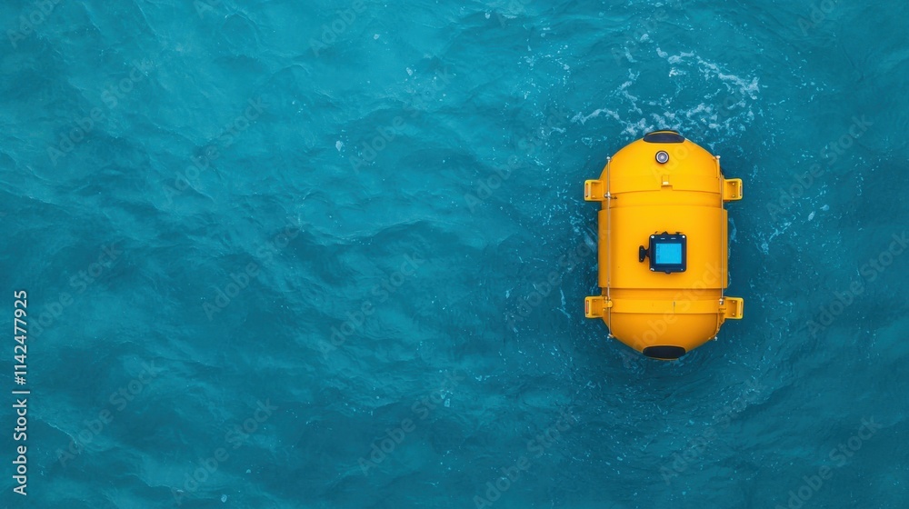 A bright yellow underwater drone floats on clear blue water, showcasing advanced technology for deep-sea exploration or monitoring. A bright yellow underwater drone floats on clear blue water, showcasing advanced technology for deep-sea exploration or monitoring.