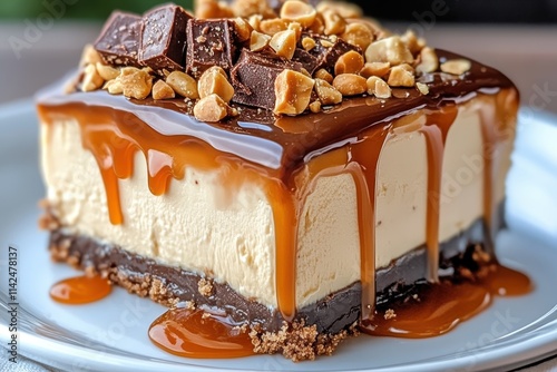 A rich and creamy cheesecake topped with a luscious layer of caramel and chunky chocolate pieces, garnished with peanuts, ideal for dessert lovers. photo