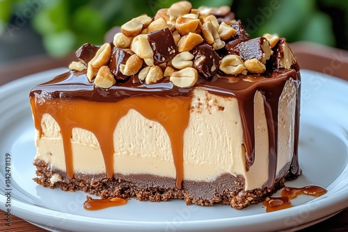 A rich and creamy cheesecake topped with a luscious layer of caramel and chunky chocolate pieces, garnished with peanuts, ideal for dessert lovers. photo