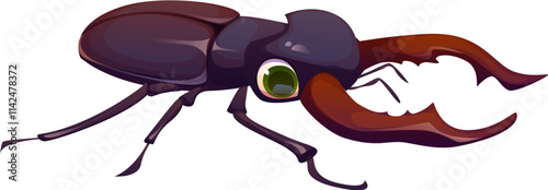 Cartoon funny stag beetle insect character featuring exaggerated mandibles and expressive eyes. Isolated vector Lucanus cervus bug, natural invertebrate creature, pest with huge horns