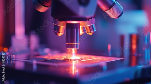A close-up of a microchip under a microscope with a focus on its illuminated pathways and minuscule transistors