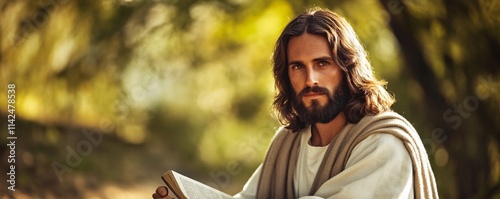 Jesus christ holding bible outdoors in nature