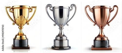 Set of three trophy cups for the first three winners. Gold, silver, bronze, and copper prize cup. isolated on a white background with a clipping path 
