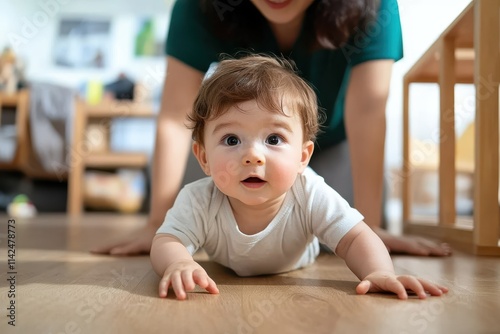 An adorable baby with curious eyes crawls on a wooden floor while a guardian smiles in the background, radiating innocence, exploration, and family love.