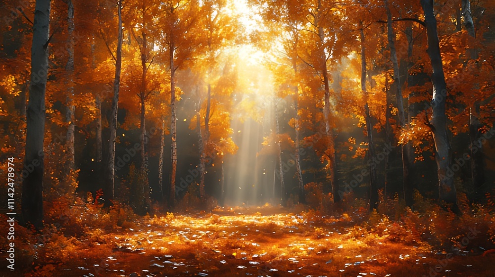 Sunbeams illuminate autumn forest path, golden leaves. Sunbeams illuminate autumn forest path, golden leaves.